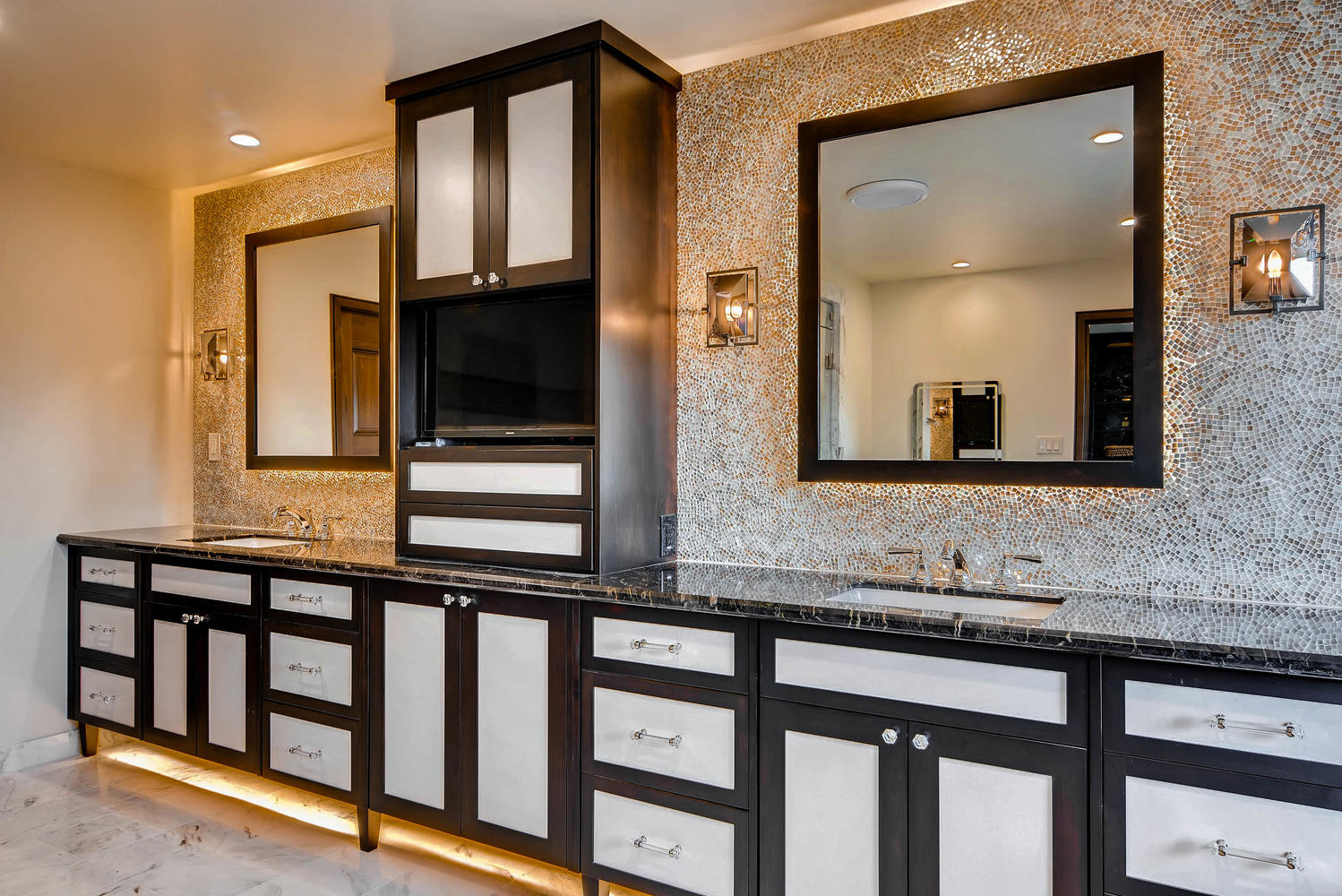 Dual vanity with custom cabinets and LED lighting